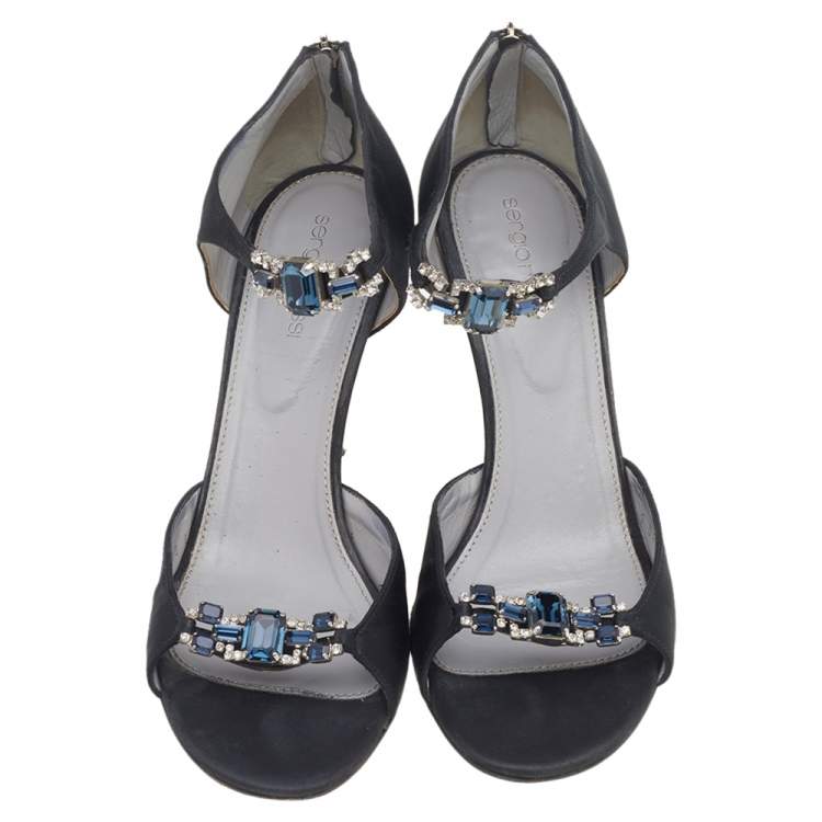 Pre Owned Sergio Rossi Black Satin Embellished Open Toe Pumps Size 40
