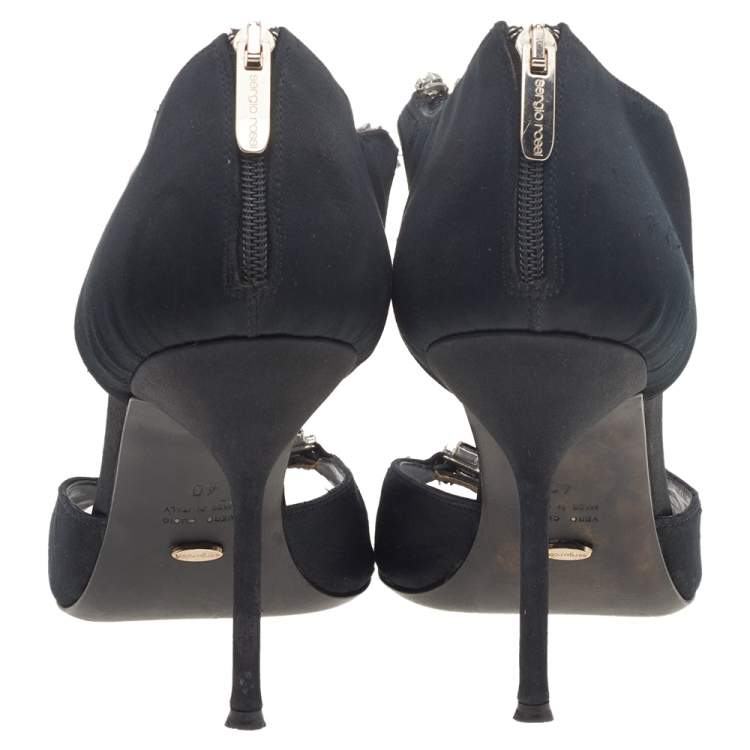 Pre Owned Sergio Rossi Black Satin Embellished Open Toe Pumps Size 40