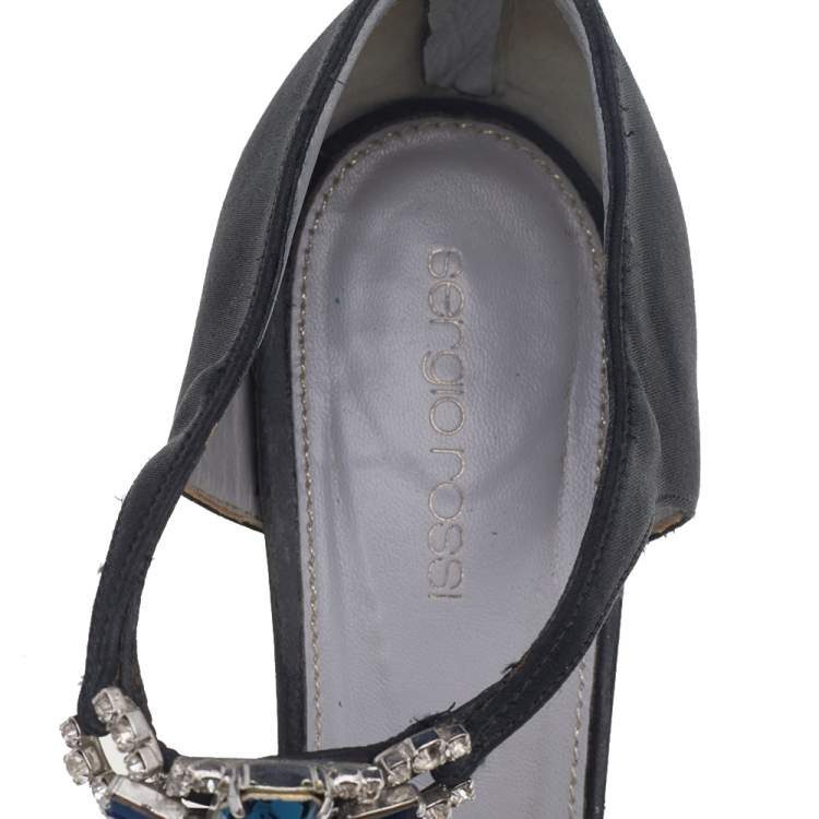 Pre Owned Sergio Rossi Black Satin Embellished Open Toe Pumps Size 40