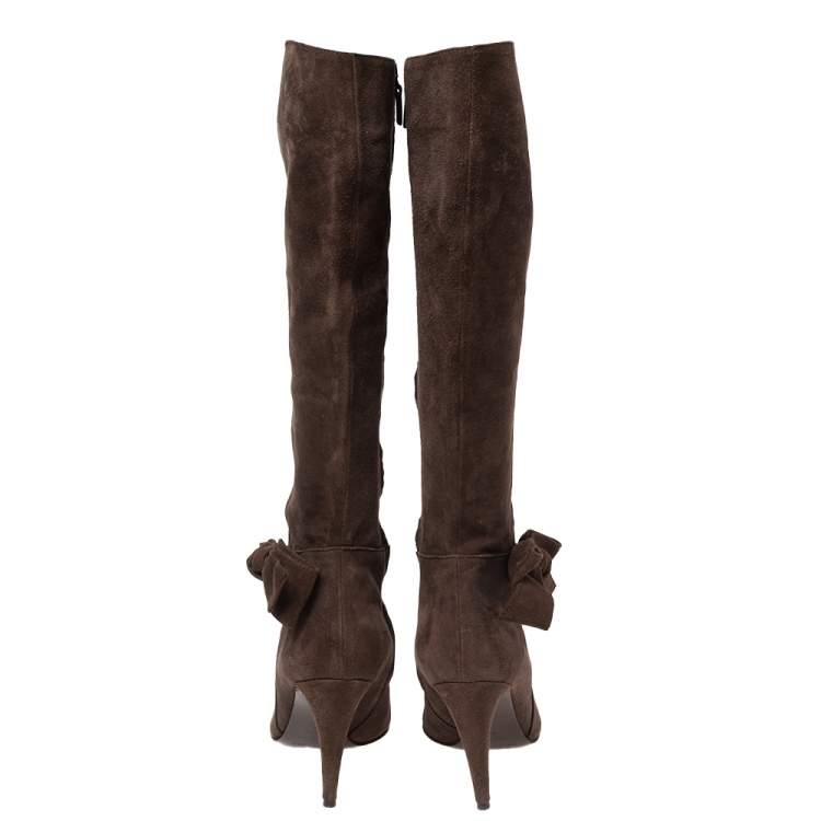 Pre Owned Sergio Rossi Brown Suede Bow Knee High Boots Size 39