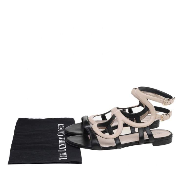 Pre Owned Sergio Rossi Beige/Black Leather Flat Ankle Strap Sandals Size 40