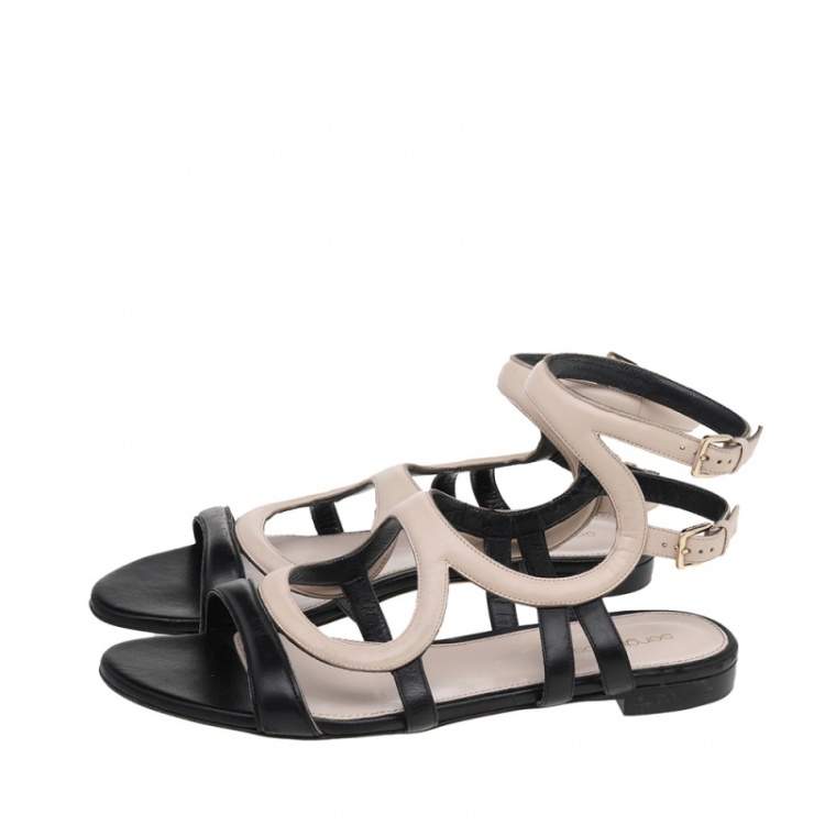 Pre Owned Sergio Rossi Beige/Black Leather Flat Ankle Strap Sandals Size 40
