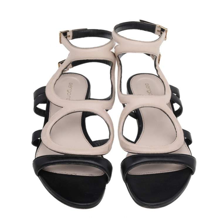 Pre Owned Sergio Rossi Beige/Black Leather Flat Ankle Strap Sandals Size 40