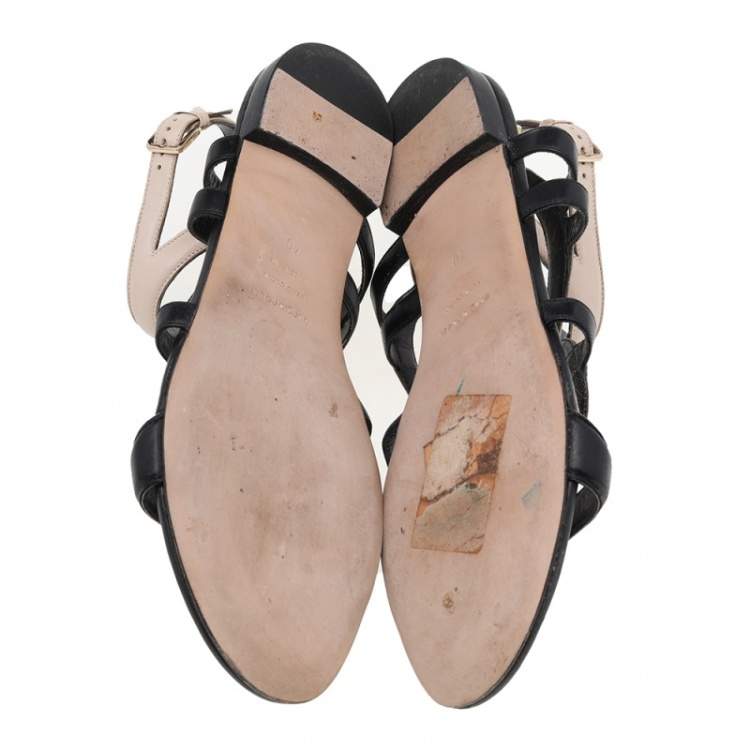 Pre Owned Sergio Rossi Beige/Black Leather Flat Ankle Strap Sandals Size 40