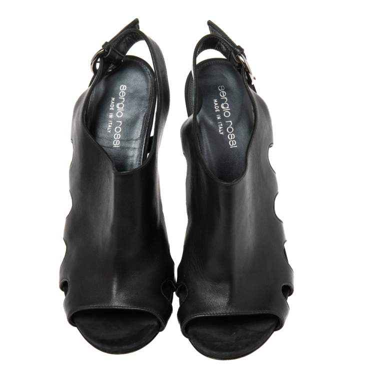 مملوكة مسبقًا Sergio Rossi Black Leather Slingback Peep Toe Platform Sandals Size 38.5