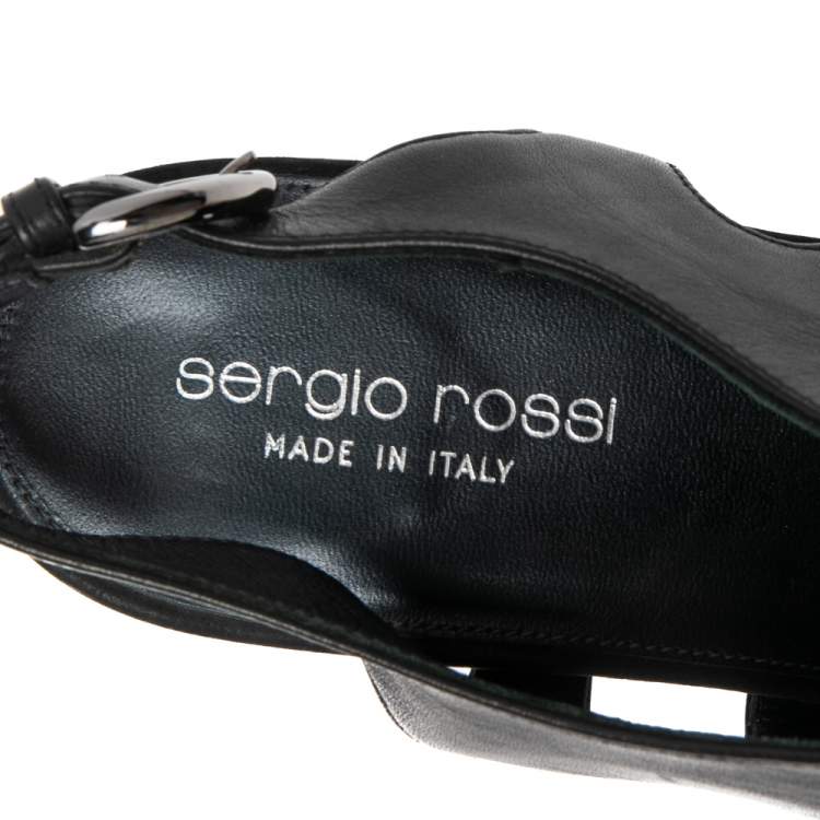 مملوكة مسبقًا Sergio Rossi Black Leather Slingback Peep Toe Platform Sandals Size 38.5