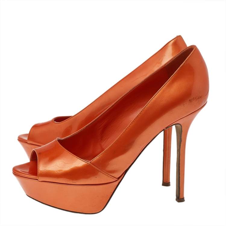 Pre Owned Sergio Rossi Orange Patent Leather Peep Toe Platform Pumps Size 36.5