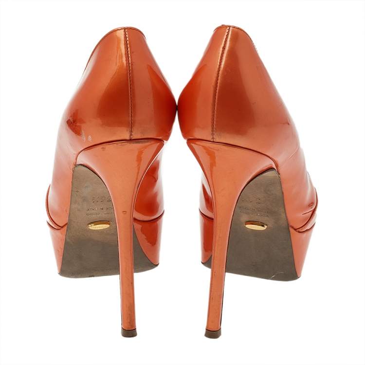 Pre Owned Sergio Rossi Orange Patent Leather Peep Toe Platform Pumps Size 36.5