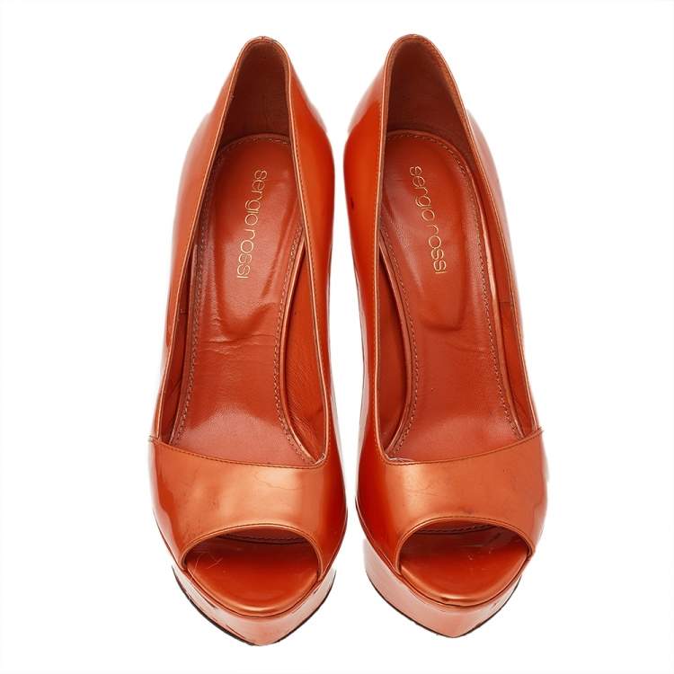 Pre Owned Sergio Rossi Orange Patent Leather Peep Toe Platform Pumps Size 36.5