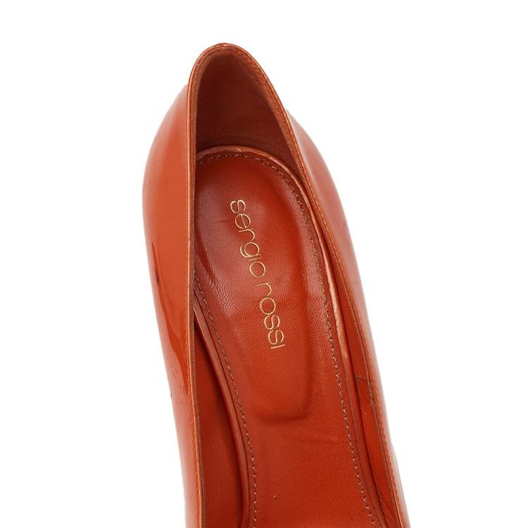 Pre Owned Sergio Rossi Orange Patent Leather Peep Toe Platform Pumps Size 36.5