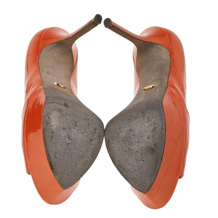 Pre Owned Sergio Rossi Orange Patent Leather Peep Toe Platform Pumps Size 36.5