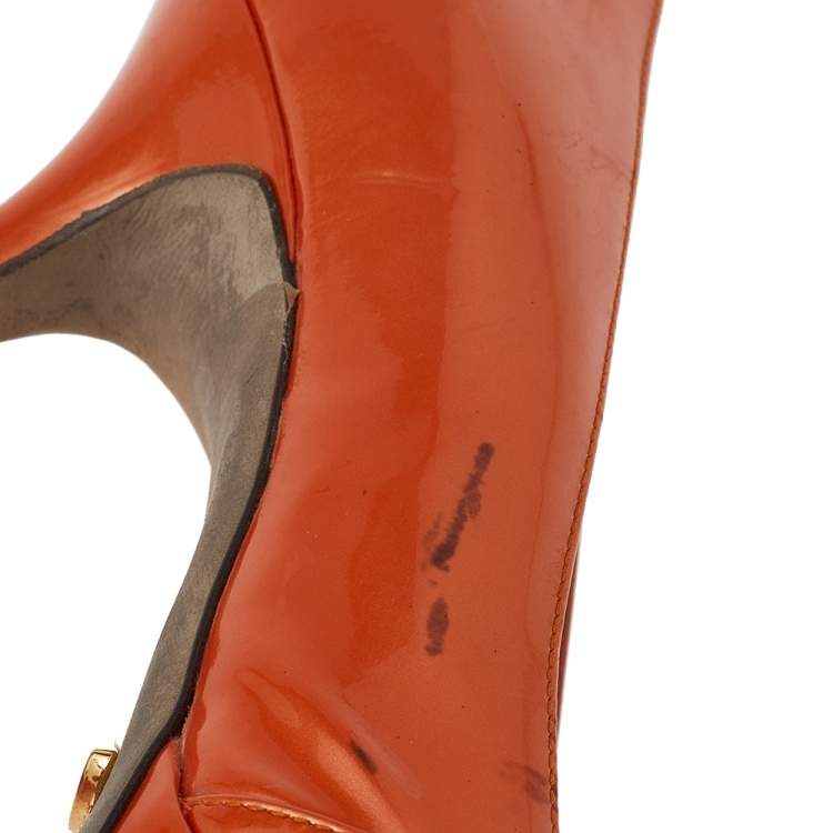 Pre Owned Sergio Rossi Orange Patent Leather Peep Toe Platform Pumps Size 36.5
