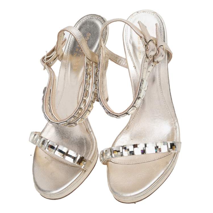 Pre Owned Sergio Rossi Gold Leather Crystal Embellished Ankle Strap Sandals Size 37