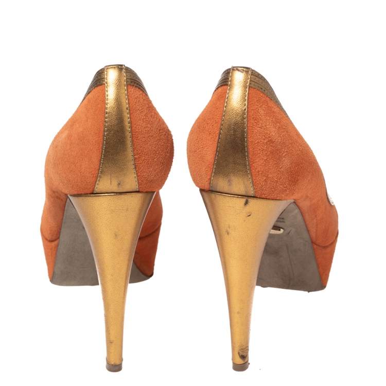 Pre Owned Sergio Rossi Orange-Gold Leather And Suede Peep Toe Platform Pumps Size 37