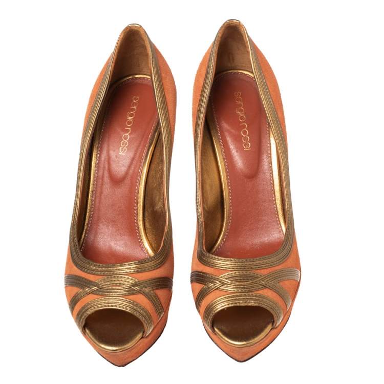 Pre Owned Sergio Rossi Orange-Gold Leather And Suede Peep Toe Platform Pumps Size 37