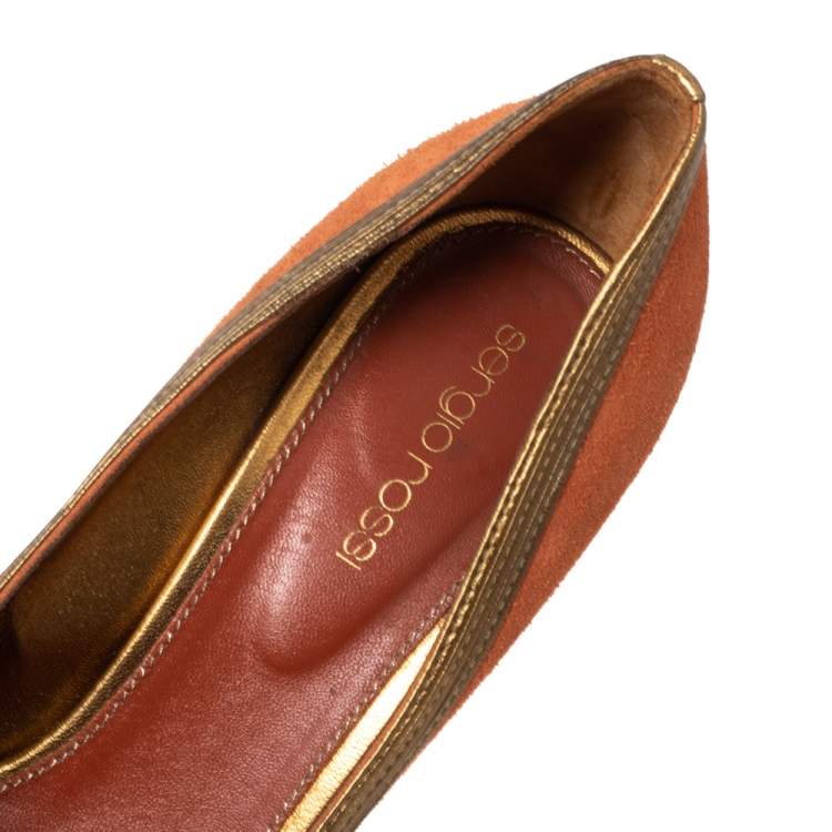 Pre Owned Sergio Rossi Orange-Gold Leather And Suede Peep Toe Platform Pumps Size 37