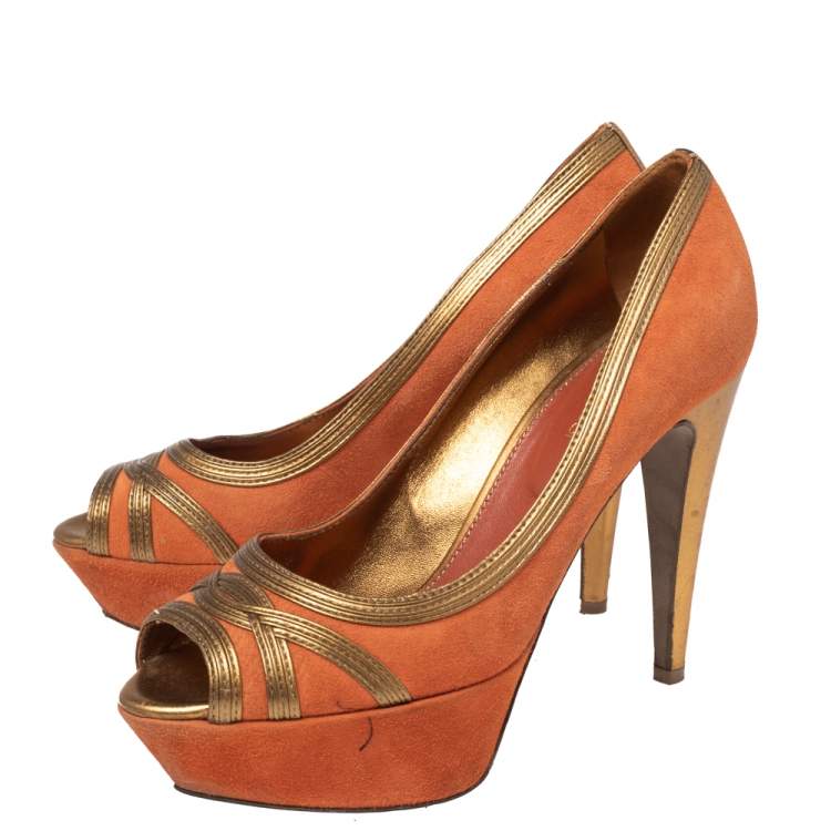 Pre Owned Sergio Rossi Orange-Gold Leather And Suede Peep Toe Platform Pumps Size 37