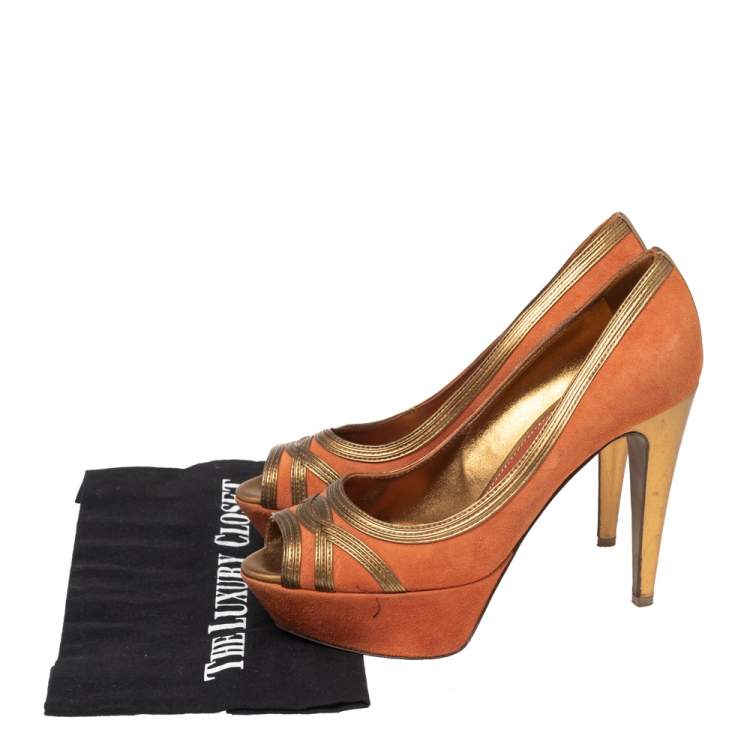 Pre Owned Sergio Rossi Orange-Gold Leather And Suede Peep Toe Platform Pumps Size 37