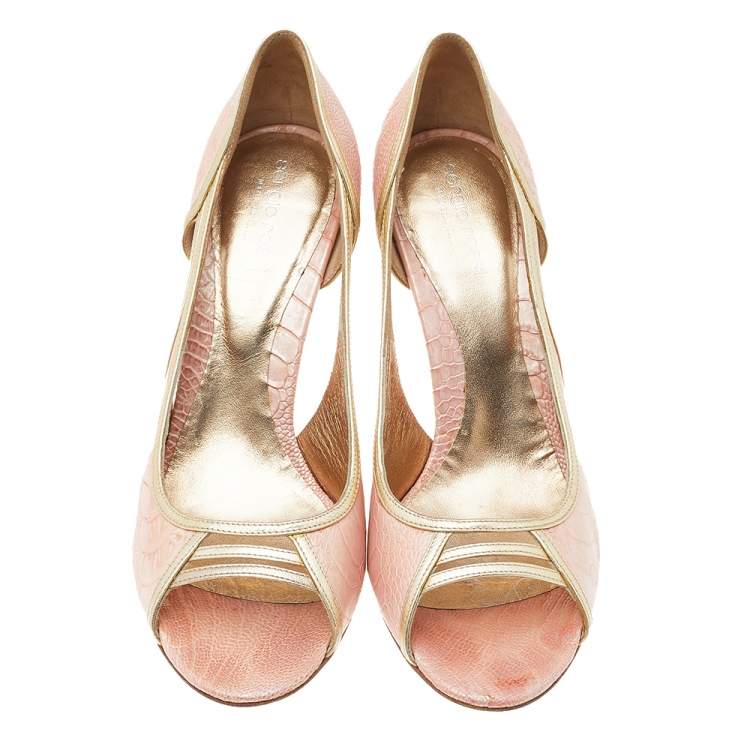 Pre Owned Sergio Rossi Pink-Gold Leather And Python Embossed Leather Peep Toe Pumps Size 38.5