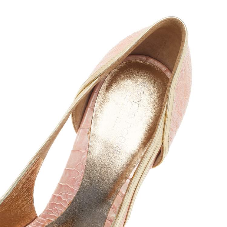 Pre Owned Sergio Rossi Pink-Gold Leather And Python Embossed Leather Peep Toe Pumps Size 38.5