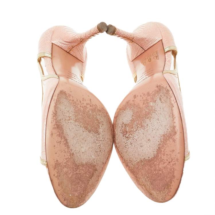 Pre Owned Sergio Rossi Pink-Gold Leather And Python Embossed Leather Peep Toe Pumps Size 38.5