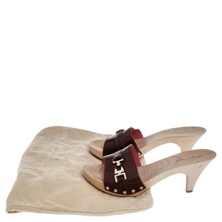 Pre Owned Sergio Rossi Brown Leather Wooden Slide Sandals Size 38