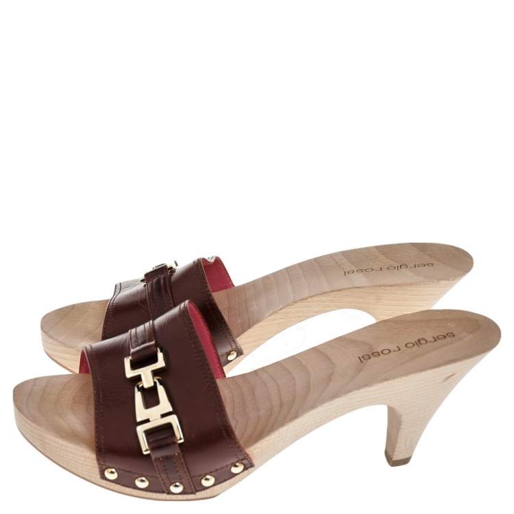 Pre Owned Sergio Rossi Brown Leather Wooden Slide Sandals Size 38