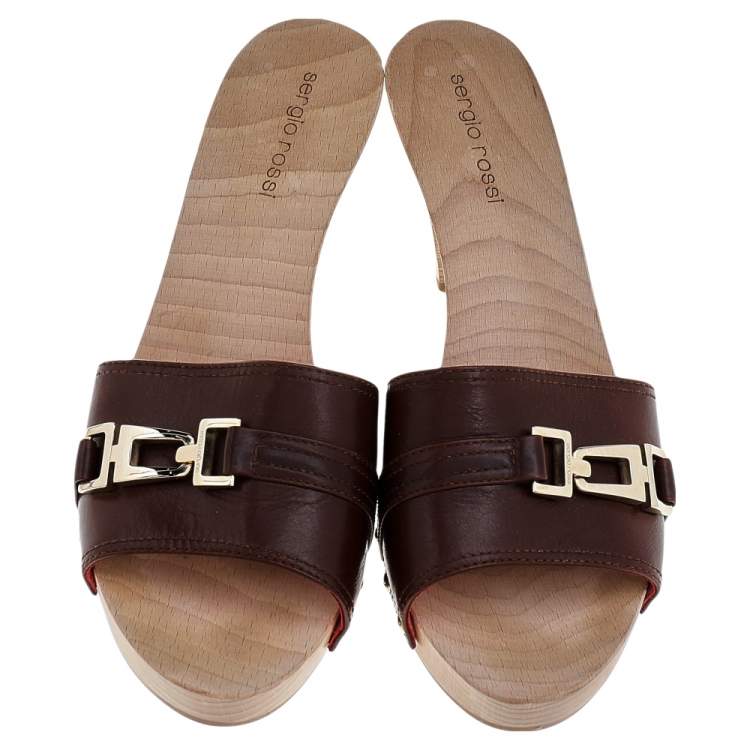 Pre Owned Sergio Rossi Brown Leather Wooden Slide Sandals Size 38