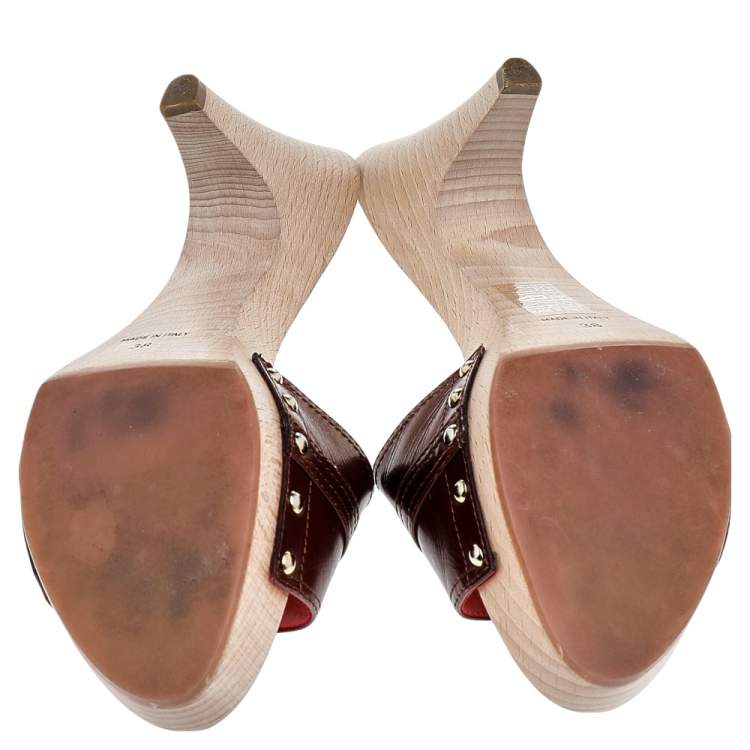 Pre Owned Sergio Rossi Brown Leather Wooden Slide Sandals Size 38