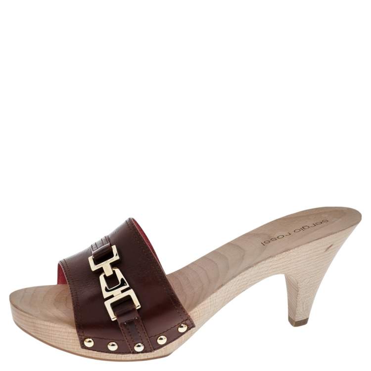 Pre Owned Sergio Rossi Brown Leather Wooden Slide Sandals Size 38