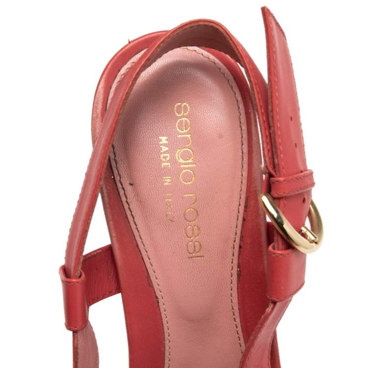 Pre Owned Sergio Rossi Red Leather Platform Block Heel Slingback Sandals Size 36