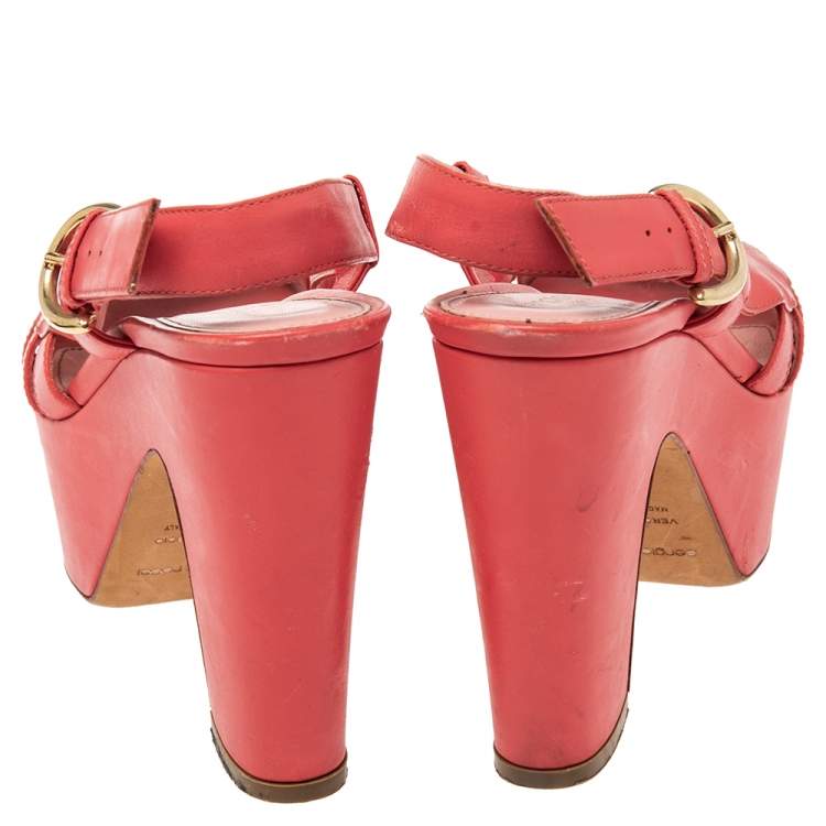 Pre Owned Sergio Rossi Red Leather Platform Block Heel Slingback Sandals Size 36