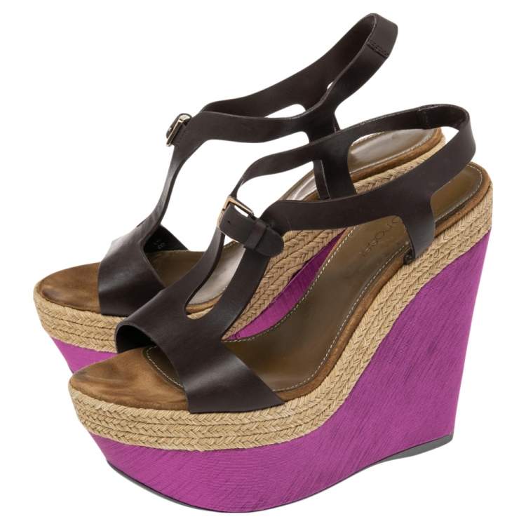 Pre Owned Sergio Rossi Brown/Pink Leather And Satin Ankle Strap Wedge Sandals Size 38