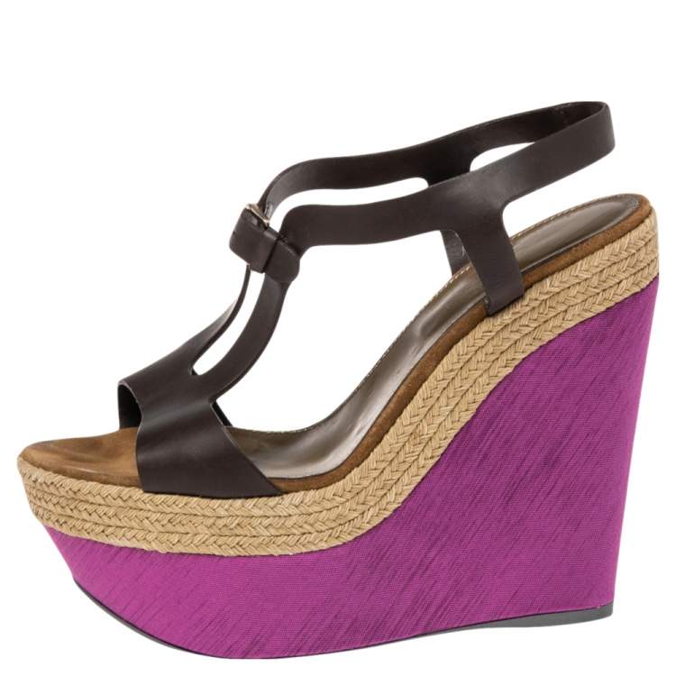 Pre Owned Sergio Rossi Brown/Pink Leather And Satin Ankle Strap Wedge Sandals Size 38