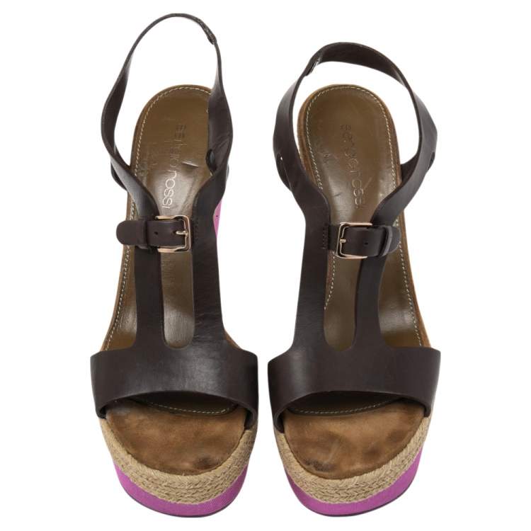 Pre Owned Sergio Rossi Brown/Pink Leather And Satin Ankle Strap Wedge Sandals Size 38