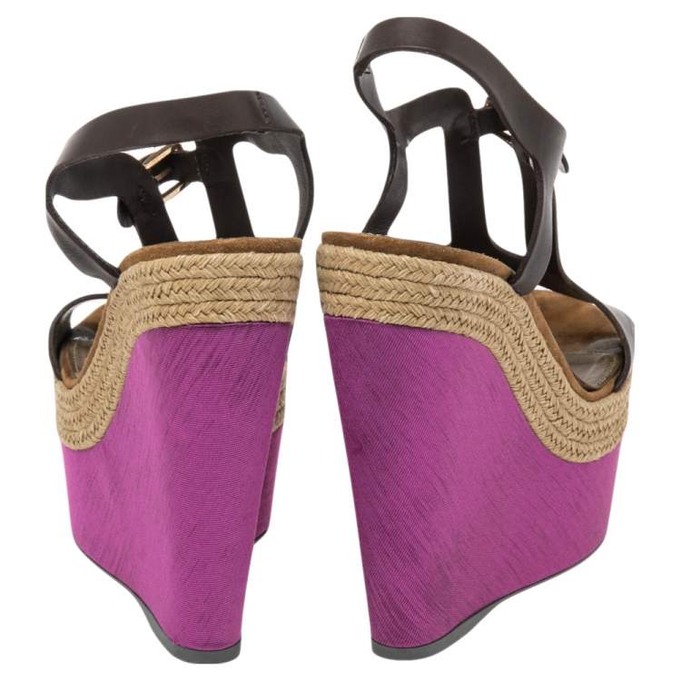 Pre Owned Sergio Rossi Brown/Pink Leather And Satin Ankle Strap Wedge Sandals Size 38