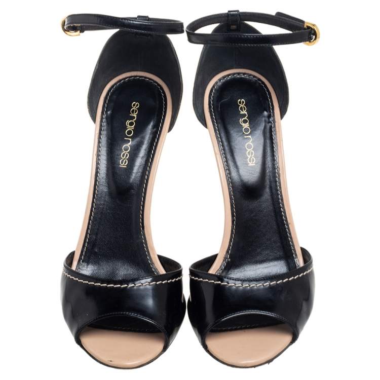 Pre Owned Sergio Rossi Black/Gold Patent Leather Metal Heel Ankle Strap Sandals Size 37.5