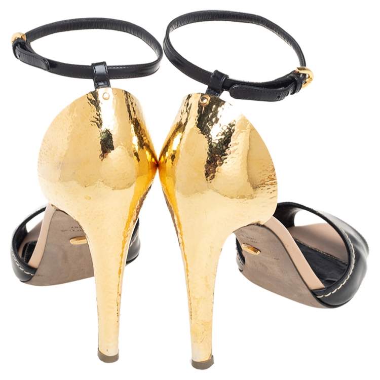 Pre Owned Sergio Rossi Black/Gold Patent Leather Metal Heel Ankle Strap Sandals Size 37.5