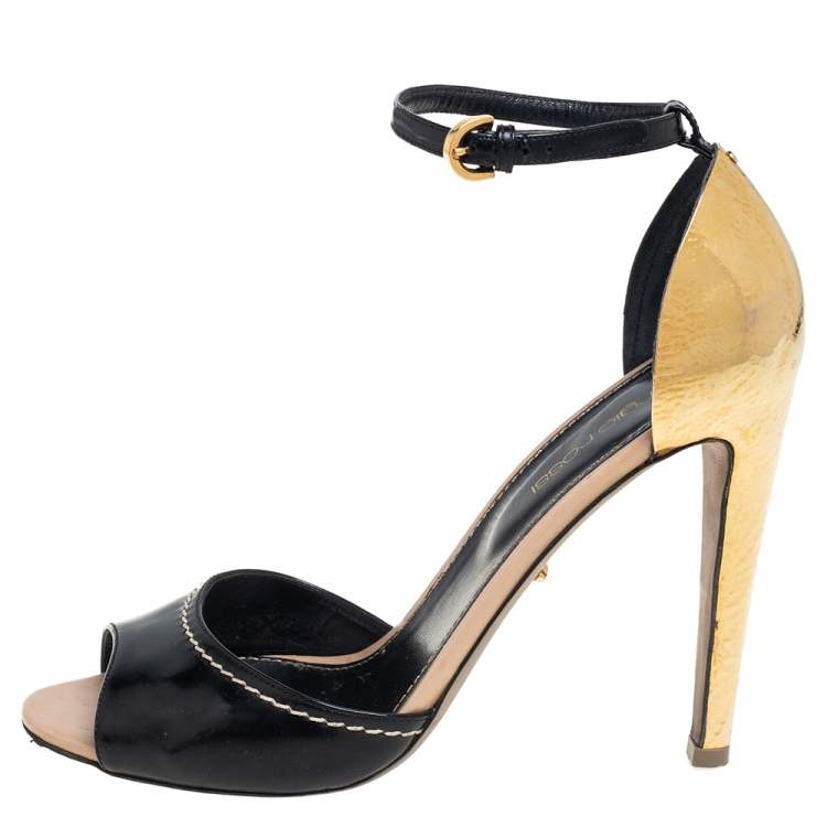 Pre Owned Sergio Rossi Black/Gold Patent Leather Metal Heel Ankle Strap Sandals Size 37.5