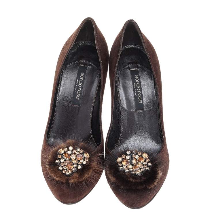 Pre Owned Sergio Rossi Brown Suede Embellished Pumps Size 36.5