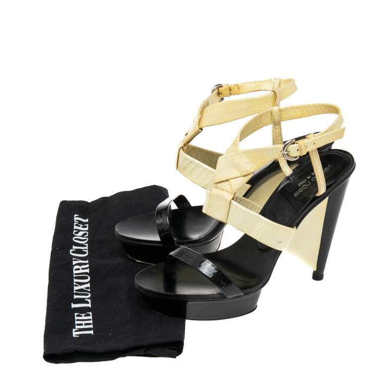 Pre Owned Sergio Rossi Cream/Black Patent Leather Platform Ankle Strap Sandals Size 39