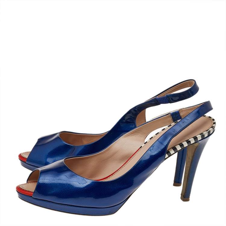 Pre Owned Sergio Rossi Blue Patent Leather Peep Toe Slingback Sandals Size 40