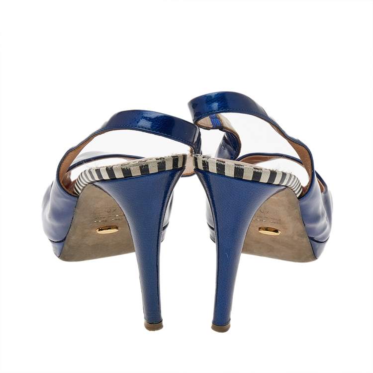 Pre Owned Sergio Rossi Blue Patent Leather Peep Toe Slingback Sandals Size 40