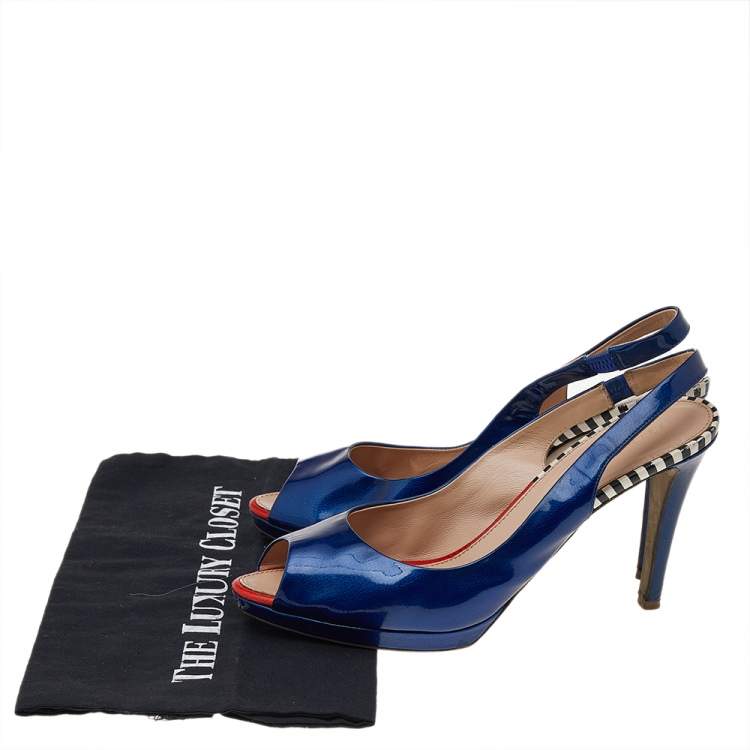 Pre Owned Sergio Rossi Blue Patent Leather Peep Toe Slingback Sandals Size 40