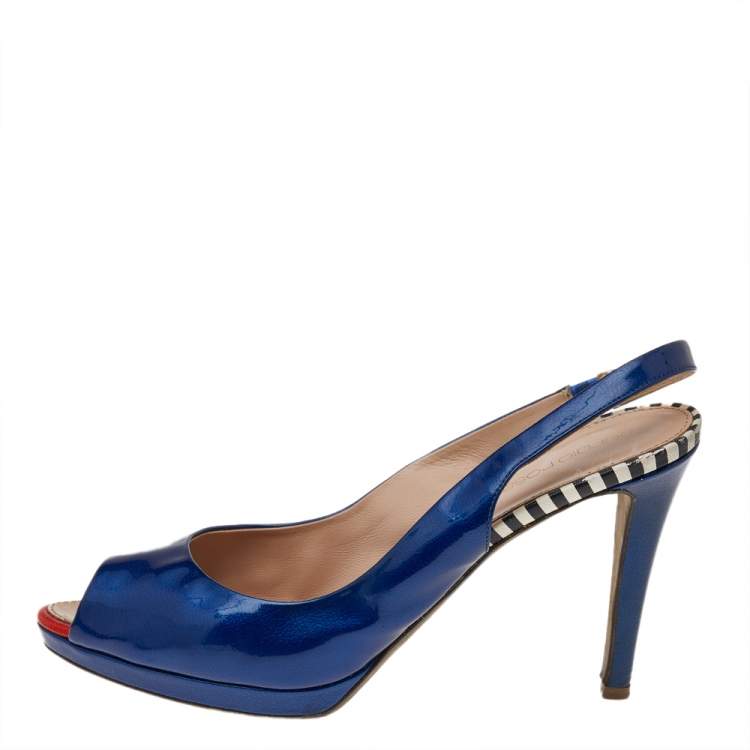 Pre Owned Sergio Rossi Blue Patent Leather Peep Toe Slingback Sandals Size 40
