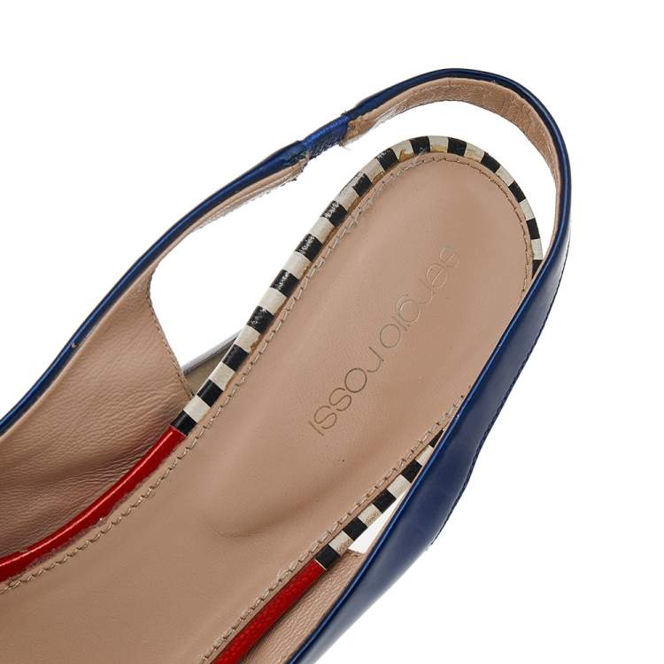 Pre Owned Sergio Rossi Blue Patent Leather Peep Toe Slingback Sandals Size 40