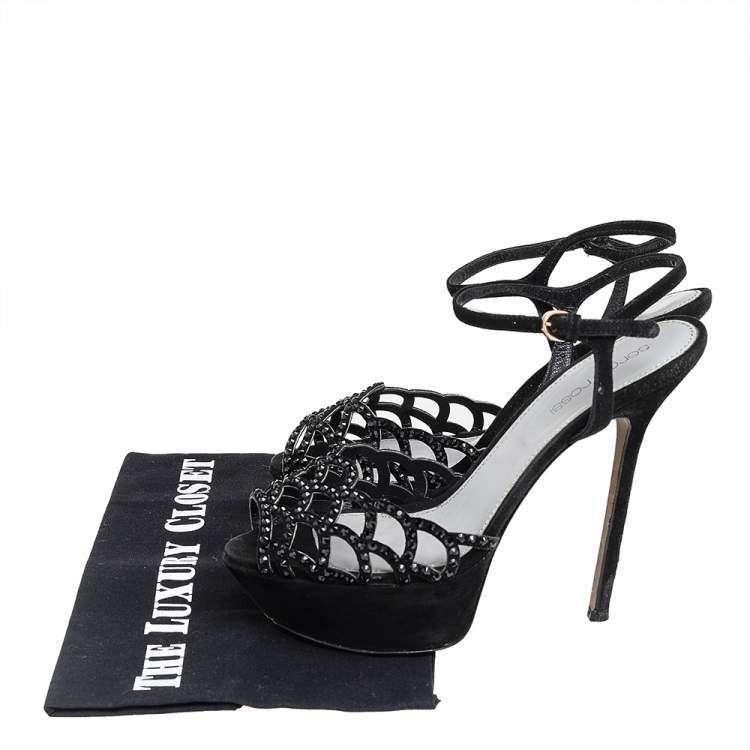 Pre Owned Sergio Rossi Black Suede Crystal Embellished  Ankle Strap Sandals Size 36.5