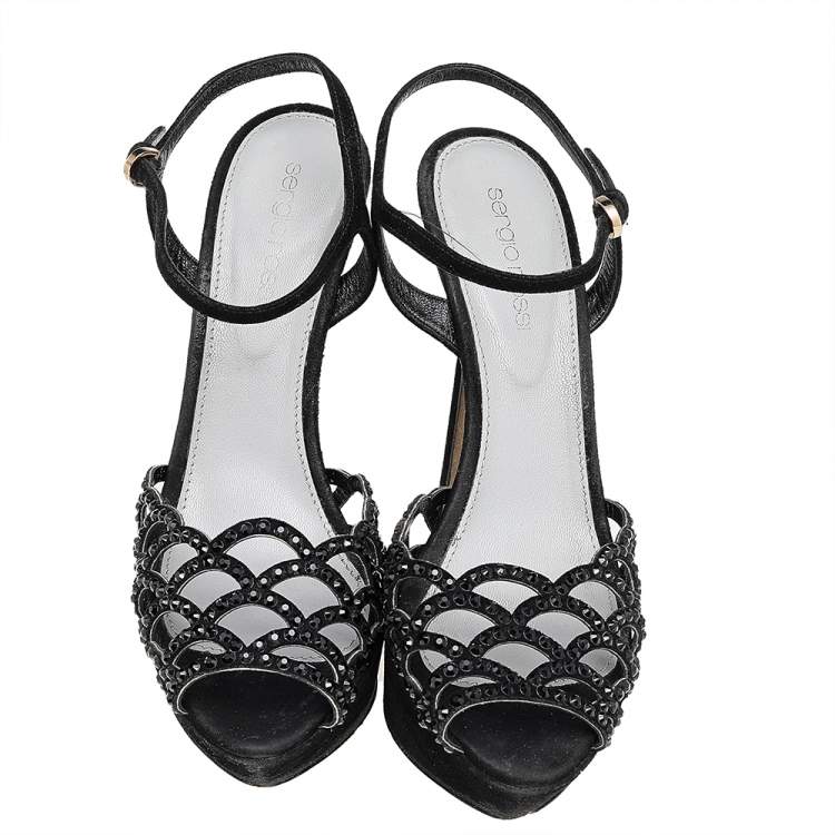 Pre Owned Sergio Rossi Black Suede Crystal Embellished  Ankle Strap Sandals Size 36.5