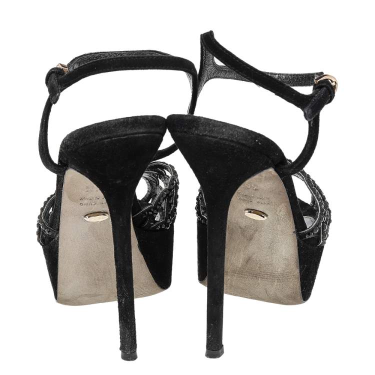 Pre Owned Sergio Rossi Black Suede Crystal Embellished  Ankle Strap Sandals Size 36.5