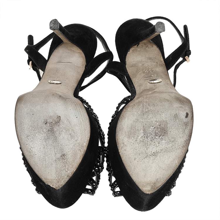 Pre Owned Sergio Rossi Black Suede Crystal Embellished  Ankle Strap Sandals Size 36.5